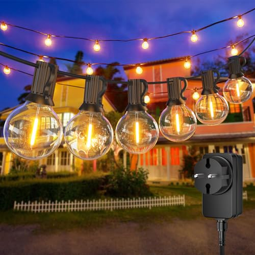 FARNY 15M/50FT LED Lichterkette Außen Strom mit 25+1 Glühbirnen, Wasserdicht 24V Niederspannungs Outdoor Lichterkette Glühbirnen, Warmweiß Lichterkette für Garten, Terrasse, Hochzeiten, Party