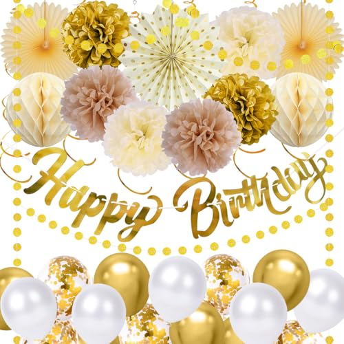 Deko Geburtstag Mädchen Jungen, Pompons Geburtstag Party Deko mit Happy Birthday Girlande, Geburtstagsdeko Frauen Männer Beige Gold, Hängenden Papier Lüfter,Wabenbälle,Wiederverwendbare