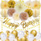 Deko Geburtstag Mädchen Jungen, Pompons Geburtstag Party Deko mit Happy Birthday Girlande, Geburtstagsdeko Frauen Männer Beige Gold, Hängenden Papier Lüfter,Wabenbälle,Wiederverwendbare