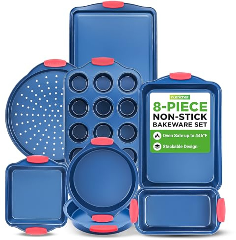 NutriChef 8-Piece Bakeware Set - Nonstick Carbon Steel Baking Pans with Red Silicone Handles, Blue Coating, Durable & Stain-Resistant, Perfect for Baking Cakes, Muffins, Cookies (Blue)