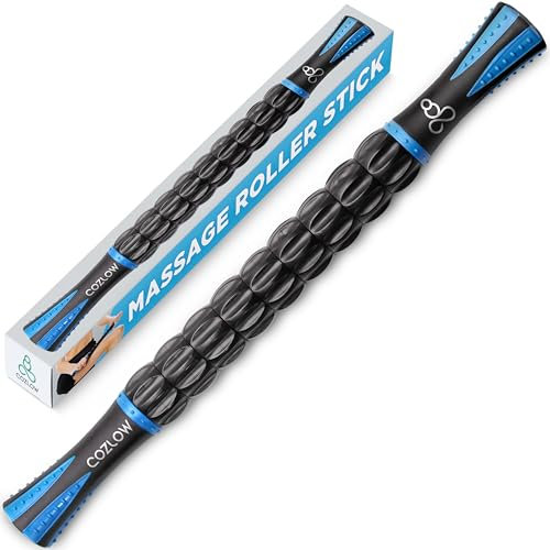Cozlow Muscle Roller Stick – Bleu – Outil de massage corporel avec 9 rouleaux et poignées antidérapantes pour un massage des tissus profonds et une récupération musculaire maximale