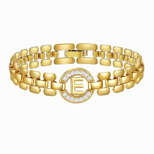Rajputana Initialen-Armband - 14 Karat Vergoldetes Buchstaben-Armband für Frauen, Dickes Armreif aus Gold mit Alphabet-Charm-Kette, Initiale E