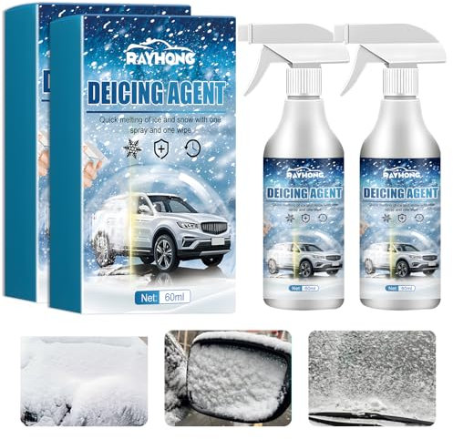 2 pcs Descongelante para Parabrisas, Agente Descongelante Y Derretimiento De Nieve, Spray Derretir Hielo Rápidamente, Efecto Preventivo, Reduce la Formación de Hielo, con 2 Toallas and 2 Rascadores