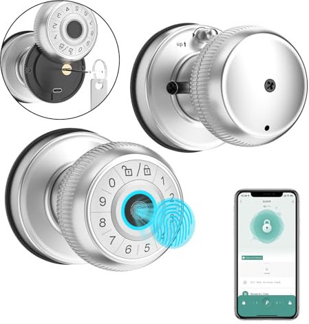 BIWIBON Pomo de puerta inteligente 4 en 1, perilla de puerta de huellas dactilares con control de aplicación, cerradura inteligente de puerta de huellas dactilares con teclado, modo de privacidad