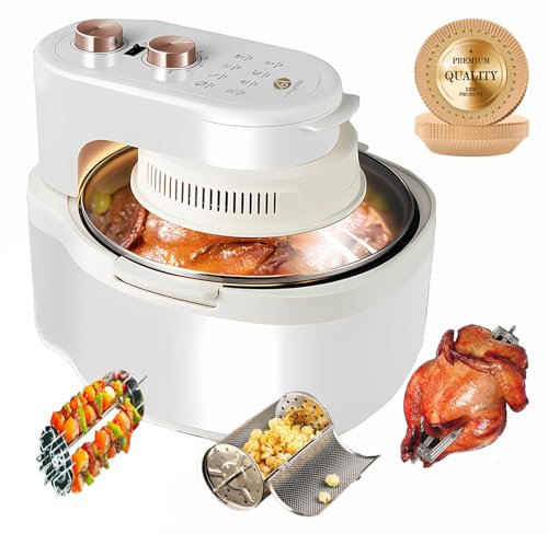 ARTbyutee Friggitrice ad aria in vetro 10 in 1 di grande capacità da 8 litri, cestello per griglia rotante, riscaldamento uniforme, colore bianco dorato e beige, finestra visibile, anti-esplosione,