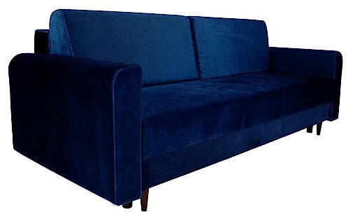 MG Design Schlafsofa mit Bettkasten 191x61 cm (Liegefläche 195 x 145 cm) – mit Armlehnen, Zwei Kissen – Stoff: Velour, Farbe Blau – Sofa 3 Sitzer, leicht abwischbar, für Wohnzimmer/Gästezimmer
