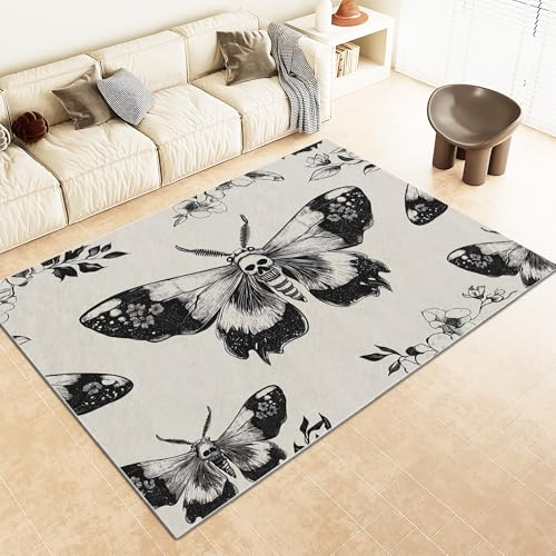 Srigzcaly Kurzflor Rechteck Teppich Wohnzimmer 180x240cm Totenkopf Motte Retro-Stil Waschbarer Teppich für Mädchen Junge Schlafzimmer, Hellgrau Kinderzimmer Flauschig rutschfest Teppiche