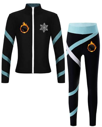 inlzdz Mädchen Eiskunstlauf Tanz Trainingsanzug Set Fleece Gefütterte Jacke Tanzjacke Leggings Tanzhose Sportleggings Kinder Tanzkleidung Hellblau 122-128