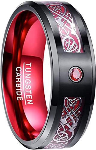 083BASE Herren Tungstenring mit Drachenmuster, 8mm Breite, Zirkonia-Einlage, in Blau, Schwarz und Rot erhältlich - Wolframkarbid Ring für Männer