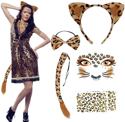 JINGTOPS 6 Stück Leopard Kostüm Set Leoparden Ohren Haarreif, Karneval Leoparden Kostüm Damen Kinder mit Leopard Gesichtstattoo, Fliege,Schwanz, HalloweenTierkostüm Kostüm Party Dekoration Zubehör