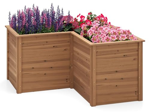 COSTWAY Erhöhtes Hochbeet Holz, Gartenbeet tief, Pflanzkasten mit offenem Boden, für Balkon Garten Terrasse, Pflanzenbeet L-förmig, Kräuterbeet Pflanzkasten, Tannenholz, 120 x 120 x 63 cm (Braun)
