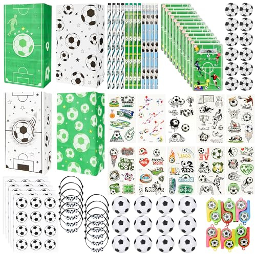 101 Stück Fußball Mitgebsel Jungen, Gastgeschenke Kindergeburtstag Set - Geschenktüten Trillerpfeifen Mini-Fußbälle Armbänder Flipperspiele Leuchttattoos Bleistifte & Radiergummis für Fußballparty