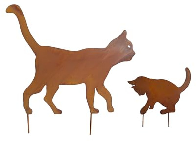 Bornhöft Gartendeko Gartenstecker Katze mit Kitte Katzenbaby Edelrost Rost-Optik Metallfigur, Gartenskulptur rostige Deko aus Metall Beetstecker Wetterfest