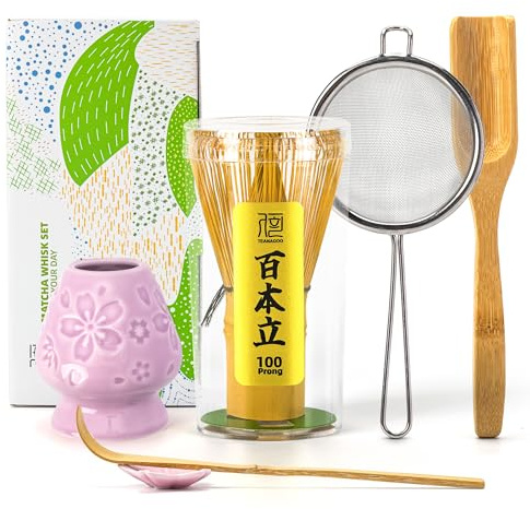 TEANAGOO Set di fruste Matcha, set tradizionale da 6 pezzi, frusta da 100 rebbi con supporto per fiori di ciliegio viola, paletta (chashaku), cucchiaino da tè, chasen in bambù, accessorio per