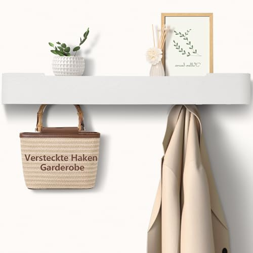 Jadoxy Garderobenleiste | Wandgarderobe mit versteckten Haken | Moderne Garderobe mit versteckten Kleiderhaken und Ablage | wandgarderobe mit ablage (Weiß, 8 Hakens)