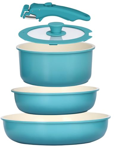GiPP 5-Teilig Topfset & Pfannenset mit abnehmbarem Griff Induktion | Antihaftbeschichtet, backofenfest, für alle Herdarten inkl. Induktion, PFOA/PFOA-frei, stapelbar(Blauverlauf,5-Teiliges)