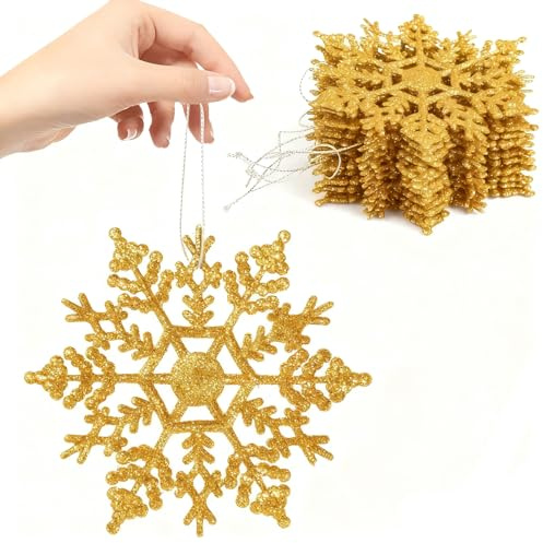 ALEGRE® Schneeflocken Deko Weihnachten, 12 Stück Glitter Gold Schneeflocken zum Aufhängen, Weihnachtsbaum Deko, Weihnachtsbaumdeko, Hängend Weihnachtsdeko Baumschmuck für Winter Christmas Decorations