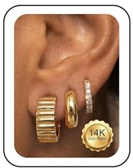 JeryWe Klein Creolen Gold Ohrringe Wasserfest Hypoallergene Vergoldet 14K | 3 Paar Chunky Creolen Silber Goldene Leichte Piercing Ohr Mini Statement Halbcreolen Ohrring Set für Mehrere Ohrlöcher