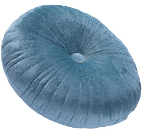 PLCIVSA Rundes Wurfkissen, 35cm, Vintage-Stil, plissiert, rund, Samt-Wurfkissen mit Knopf in der Mitte, für Sofa, Couch, Stuhl, Bett, Schlafzimmer, Wohnzimmer(Lake Blue)
