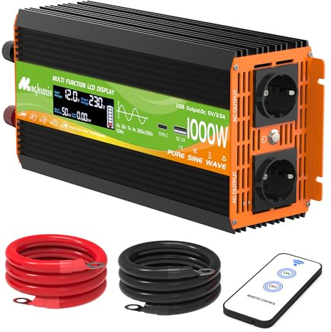 Convertisseur 1000W 12v 220v Pur Sinus OnduleurTransformateur | 2 Prise Eu De Courant Alternatif,Ports USB-A/C,Télécommande Sans Fil Et écran LCD,Pour Système Solaire RV, Voyages