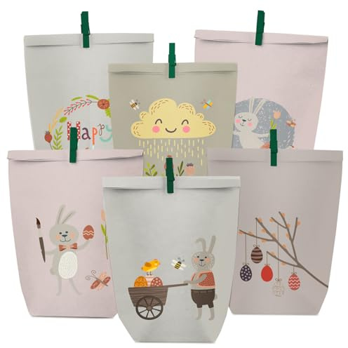 PANSIBY Ostertüten zum Befüllen, 12 Geschenktüten Ostern mit Farbigen, Osterhasen Motiv Hygge, Ostermotive Bedruckte Tüten mit Grün Klammern