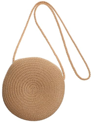 Strandtasche 16,5x16,5x6cm aus Stroh für Damen, Runde Form | Leicht zu Tragen, Große Kapazität, Khakifarben, für Karten und Schlüssel, Modisch Schlicht