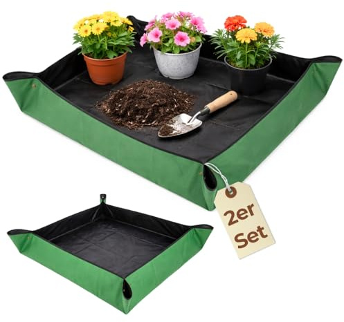 2er Set Pflanzen Umtopfmatte Wasserdicht Pflanzunterlage Faltbar Pflanzenmatte Tragbare Gartenmatte Grün Pflanzwanne Pflanzen Zubehör Umpflanzmatte 70x70 Oxford 600D
