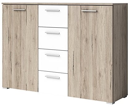 Furniture24 Kommode Sideboard Berta 4 Schubladen 2 Türen (san remo hell/weiß)