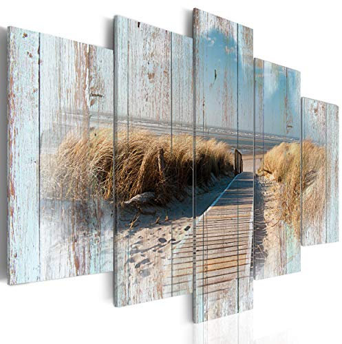 decomonkey Bilder Strand Meer 200x100 cm 5 Teilig Leinwandbilder Bild auf Leinwand Wandbild Kunstdruck Wanddeko Wand Wohnzimmer Wanddekoration Deko Holzeffekt Landschaft