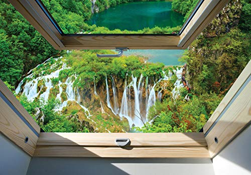 Forwall Fototapete Fenster 3D Effekt Aussicht Wasserfall Optik Wohnzimmer Schlafzimmer Vlies Tapete Wandtapete UV-Beständig Montagefertig (10392, V8 (368x254 cm) 4 Bahnen)
