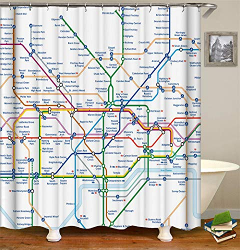 Chickw1 Duschvorhang Anti-Schimmel & Wasserdicht, 100% Polyester 3D-Digitaldruck Graffiti-Serien Mit 12 Duschvorhangringe für Badezimmer (180 * 200cm,U-Bahn Route Karte)