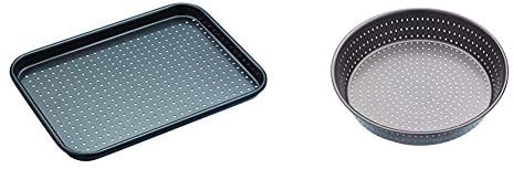 masterclass KCMCCB54 Crusty Bake Perforated Baking Tray with PFOA Free Non Stick, Robust 1 mm Carbon Steel, 24 x 18 cm, Grey & KCMCCB15 Crusty Bake 23 cm Deep Perforated Pie Dish, 9 Inch, Grey