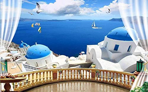 Fototapete 3D Effekt - 3D Tapete - Griechenland Ägäis Balkon Tapeten 3D Vliestapete Moderne Wandbilder Wanddeko - 350x256cm