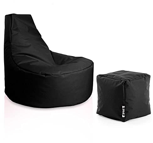 PATCH HOME Gamer Sessel Sitzsack inkl. Würfel Bean Bag Set Ø80cm, 30cm Sitzhöhe, 90cm Höhe + 35x35cm Würfel Schwarz