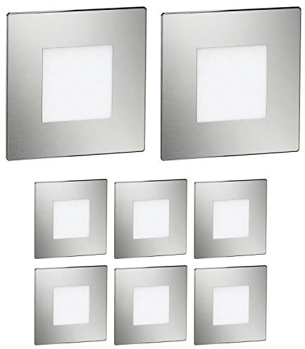ledscom.de 8 Stück LED Treppenlicht/Wandeinbauleuchte FEX für innen und außen, eckig, edelstahl, 85 x 85mm, warmweiß