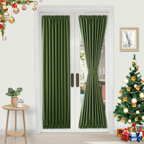 DWCN French Door Curtains – Rod Pocket Thermal Blackout Curtain for Doors with Glass Window, Kitchen and Patio Doors for Privacy, 25 X 72 Inches Long, 1 Curtain Panel with Tieback, Olive Green