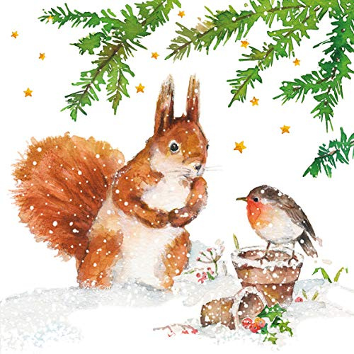 20 Servietten Vogel und Eichhörnchen im Schnee 33x33cm