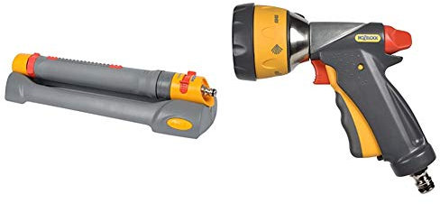 Hozelock Pro Aquastorm Rectangular Sprinkler for 200m2, Grey/Yellow, 50x40x30 cm & Multi Spray Ultramax Gun, Grey/Yellow, 16x10x8 cm
