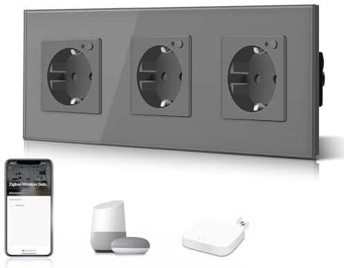 BSEED Schuko Smart Alexa ZigBee 3 Fach Steckdose 16A Glassteckdose, 1 Pack 1 Weg Grau 228mm Unterputz-Installation APP-Steuerung Arbeit mit Alexa/Google Home DIY Free Spin Nur 2.4 GHz