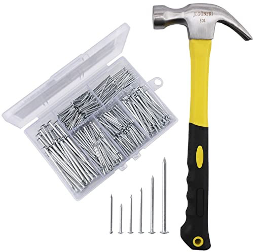 Kit di 376 chiodi hardware assortiti con chiodi da 5,1 cm e martello da carpentiere da 226,8 g, chiodi per appendere immagini, chiodi di finitura, chiodi da parete, chiodi piccoli, chiodi in legno e