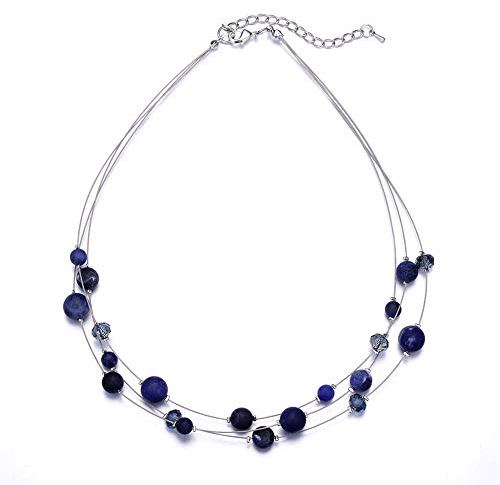 Bulinlin Damen Silber Perlenkette mit Kristall Statement Mehrreihige Boho Choker Halskette Modeschmuck Geburtstagsgeschenke für Frauen(98-Navy blue)