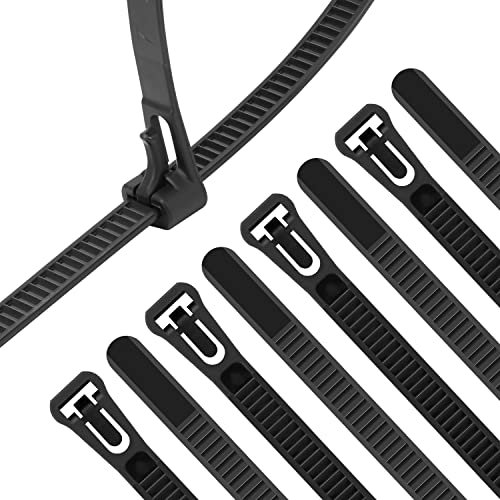 XINGO 100PCS Reusable Cable Ties Black, 200mm x 7.6mm, Releasable Adjustable Wire Cable Ties, Multi-Purpose Use Plastic Tie Wire for Indoor and Outdoor