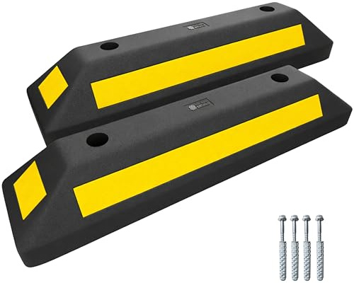 Set completo di 2 fermaruote ecologici da 57 cm con strisce riflettenti, resistente, include viti e ancoraggi, ideale per auto, camion, camper, rimorchi e garage, miglior blocco per cordolo di