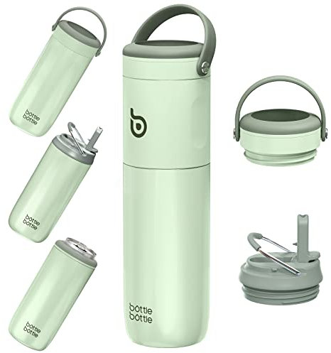 BOTTLE Insulated 3IN1 Water Bottle with Straw, 2 Lids, 18 oz - Stainless Steel for Sports, Kids, Outdoor Activities (Green)