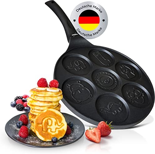 endusor Sartén tortitas y pancakes para niños con motivo animales | Sarten (26cm) con 7 hoyos y protección antiadherente | Todo tipo de cocinas e inducción | Sartén divida para panquecas tortitas