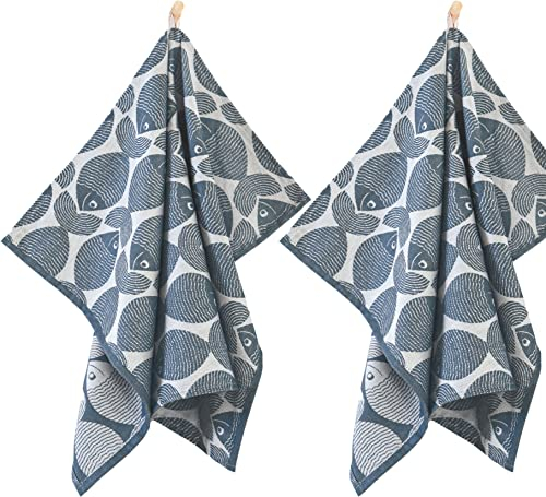ZWOLTEX 2er Set Jacquard Geschirrtücher/Geschirrtuch | Küchentuch | Abtrockentuch | saugstarke Baumwolle I Sammlung Premium Geschirrtücher - 2x Fish L Navy (50x70)
