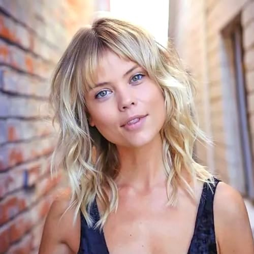 PORSMEER Perücke Damen Bob Schulter Länge Lockig Welle Wig mit Pony Natürliches Synthetische Haar Blonde Wig, Anime Cosplay Halloween Wigs 14 Zoll (Blond Ombre)