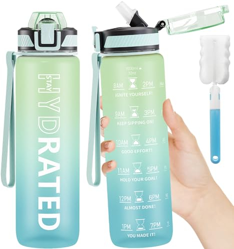 QLUR Botella Agua, 1 Litro Botella Agua Gimnasio con Pajita, Antiderrame Botella de Agua Deportiva, Cantimplora sin BPA con Marcador de Tiempo y Cepillo para Oficina, Escuela, Yoga