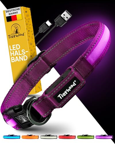 Tierhood Leuchthalsband Hund - Leuchthalsband für kleine und große Hunde - LED Hundehalsband Aufladbar - Langlebig, Wetterfest & Komfortabel - Ideal für Nachtspaziergänge - Lila, Größe L