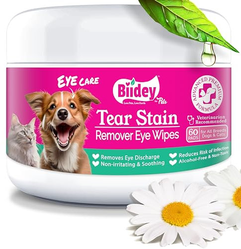 Biidey White Dog & Cat Eye Wipes Tear Stain Remover, Help Discharge,Crust, Reduce Infection and Odor deodorizing Cleaning, Hypoallergenic optixcare,Large 60 Pads,Paw and Face use, Biodegradable